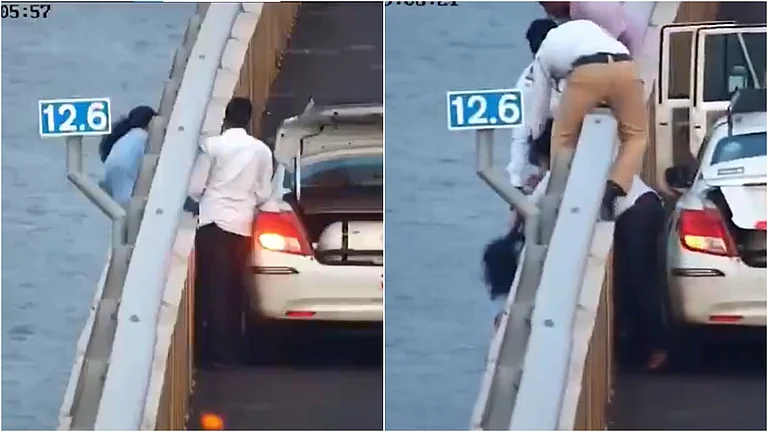 Screengrabs from the viral CCTV footage from Atal Setu | - X/@PTI_News